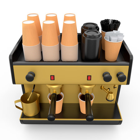 Professional espresso coffee machine with horn for paper cups isolated on white background. 3d render concept of coffee production or making espresso drink at home barista design templateの写真素材