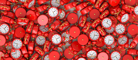 Pile of flying alarm clock on red background. 3d render concept of wake up time morning and hurry...