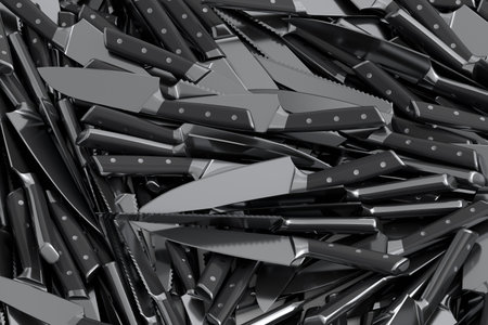 Pile of chef's kitchen knives on black background. 3d render of butcher knives or professional kitchen utensilsの写真素材