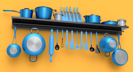 Set of kitchen utensil, stewpot, frying pan and chrome plated cookware hanging on shelf on yellow...