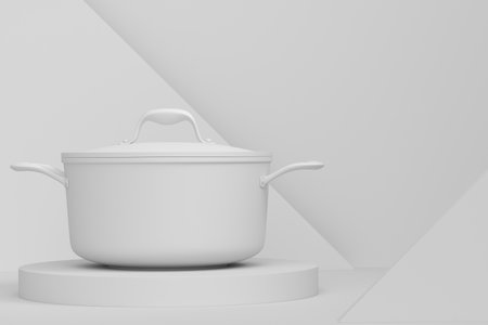 Abstract scene or podium for product showcase with stewpot on monochrome background. 3d render of scene for product presentation or showing kitchen appliances product on stage, pedestal or platformの写真素材