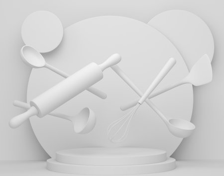 Abstract scene or podium with kitchen utensil on monochrome background. 3d render of scene for product presentation or showing product on stage, pedestal or platformの写真素材