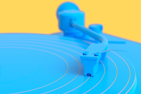 Vinyl record player or DJ turntable with retro vinyl disk on monochrome background. 3d render of sound equipment and concept for sound entertainment.の写真素材