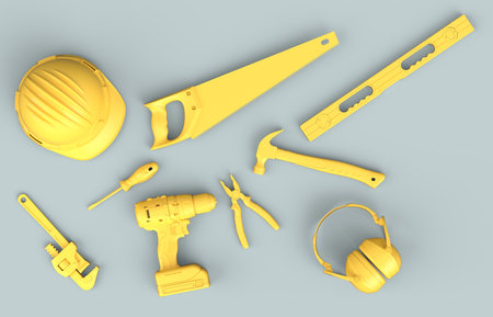 Top view of monochrome construction tools for repair and installation on grey background. 3d render...