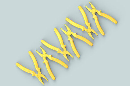 Set of monochrome hand tool pliers isolated on grey background. 3d render and illustration of tool for repair and installationの写真素材