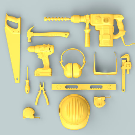 Top view of monochrome construction tools for repair and installation on grey background. 3d render...