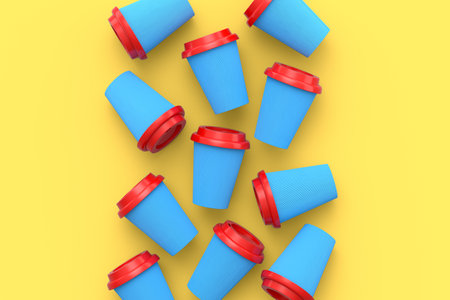 Set of paper coffee cups with cover for cappuccino, americano, espresso, mocha, latte, cocoa on yellow background. 3d render of concept takeaway food and drink in recycling packagingの写真素材