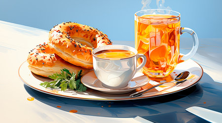 A glass of tea sitting on a platter with two donuts on dark background. Take away coffee and doughnuts, delivery food conceptの素材