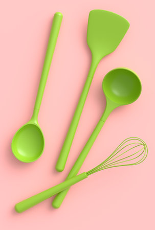 Wooden kitchen utensils, tools and equipment on monochrome background. 3d render of home kitchen tools and accessories for cookingの写真素材