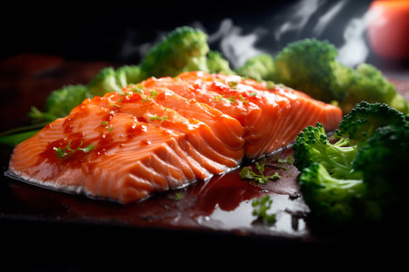 Closeup of the salmon steak with a red streaked texture. Macro photo of natural Atlantic Norwegian trout fillet.の素材
