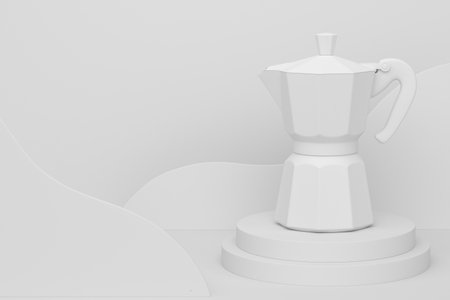 Abstract scene or podium with Italian geyser coffee maker on monochrome background. 3d render of scene for product presentation or showing kitchen appliances product on stage, pedestal or platformの写真素材