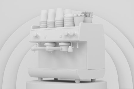 Abstract scene or podium with espresso coffee machine on monochrome background. 3d render of scene for product presentation or showing kitchen appliances product on stage, pedestal or platformの写真素材