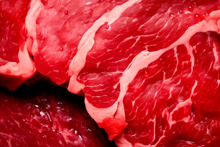 Macro closeup view of a red piece of veal meat on table. Slices of beef steak with a red streaked texture. Flat lay top view on gray stone cutting tableの素材