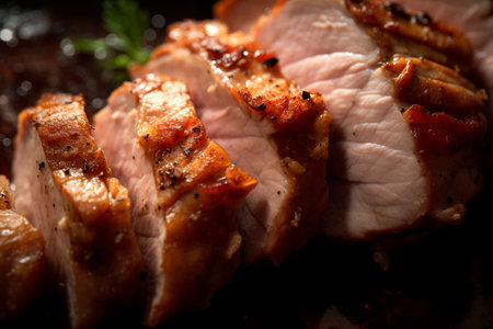 A close up of sliced homemade hot pork tenderloin in a pan with herbs and spicesの素材