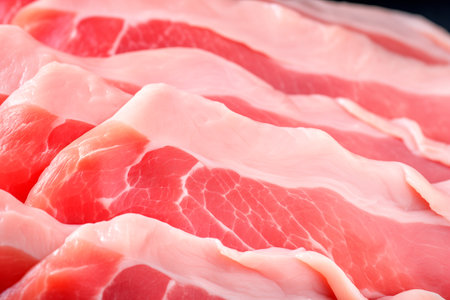 A close up of sliced homemade raw pork tenderloin on wooden boardの素材