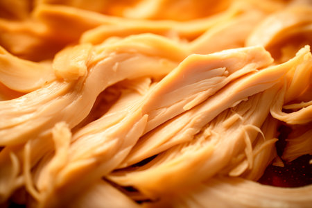 Heap of pulled chicken meat on white. A close up of shredded chicken.の素材
