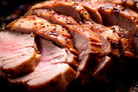 A close up of sliced homemade hot pork tenderloin in a pan with herbs and spices.の素材