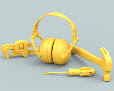 Top view of monochrome construction tools for repair and installation on grey background. 3d render and illustration of service banner for house plumber or repairmanの写真素材