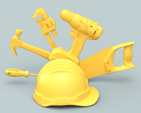 Top view of monochrome construction tools for repair and installation on grey background. 3d render and illustration of service banner for house plumber or repairmanの写真素材