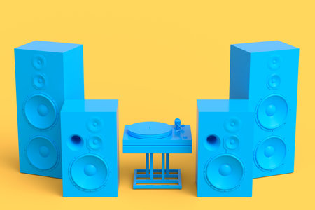 Set of Hi-fi speakers with loudspeakers and DJ turntable on monochrome background. 3d render audio equipment like boombox and vinyl record player for sound recording studioの写真素材