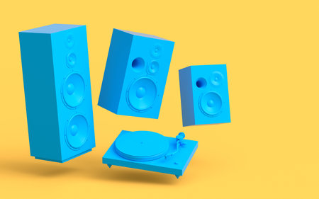 Set of Hi-fi speakers with loudspeakers and DJ turntable on monochrome background. 3d render audio equipment like boombox and vinyl record player for sound recording studioの写真素材