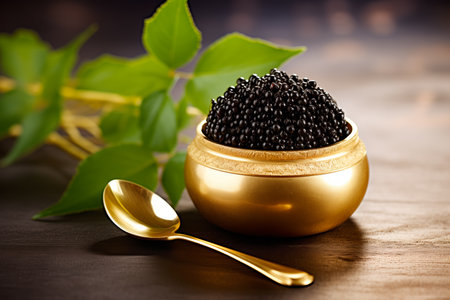 Closeup of natural black caviar in golden bowl on black background, texture of expensive luxury fresh sturgeon caviar macro photo. Delicatessenの素材