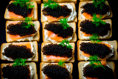 Closeup of natural black caviar served on crackers or tartalet on black background, texture of expensive luxury fresh sturgeon caviar macro photo. Delicatessenの素材