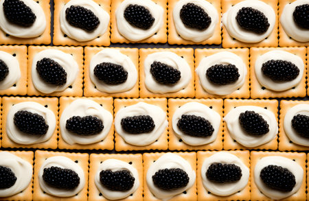 Closeup of natural black caviar served on crackers or tartalet on black background, texture of expensive luxury fresh sturgeon caviar macro photo. Delicatessenの素材