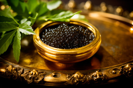 Closeup of natural black caviar in golden bowl on black background, texture of expensive luxury fresh sturgeon caviar macro photo. Delicatessenの素材