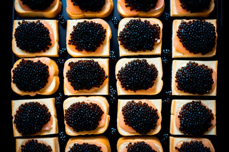 Closeup of natural black caviar served on crackers or tartalet on black background, texture of expensive luxury fresh sturgeon caviar macro photo. Delicatessenの素材