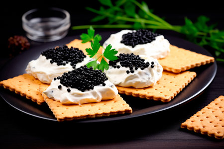Closeup of natural black caviar served on crackers or tartalet on black background, texture of expensive luxury fresh sturgeon caviar macro photo. Delicatessenの素材