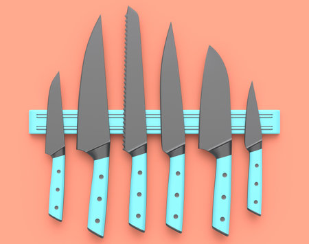 Set of chef's kitchen knives and kitchen utensil hanging on shelf on pink background. 3d render cooking process step by step and accessories for cooking, blending and mixingの写真素材