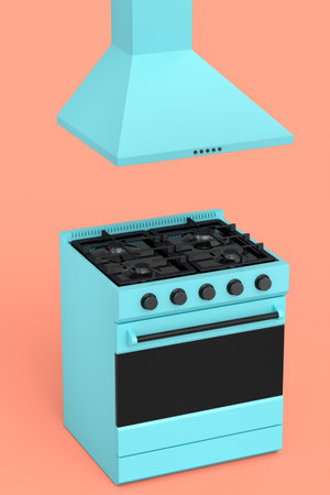 Set of kitchen utensil, stewpot, frying pan and chrome cookware hanging on shelf and electric or gas stove cooker with range hood on orange background. 3d render of preparing and boiling foodの写真素材