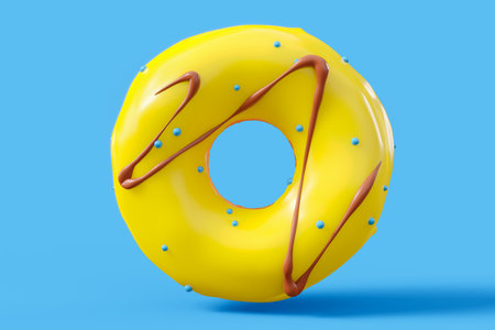 Chocolate glazed donut with sprinkles on a blue background. 3d render and illustration of pastry and confectioneryの写真素材