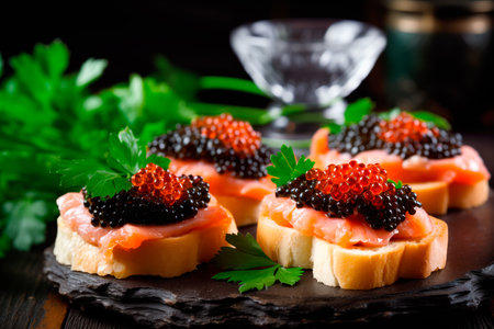 Closeup of natural black caviar served on crackers or tartalet on black background, texture of expensive luxury fresh sturgeon caviar macro photo. Delicatessenの素材