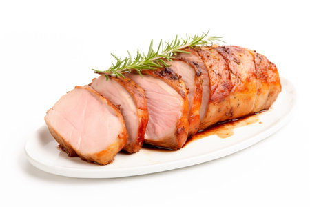 A closeup of sliced homemade cooked pork tenderloin on white background with herbs and spices.の素材