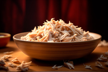 Heap of pulled chicken meat on white. A close up of shredded chicken.の素材