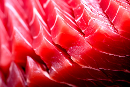Fresh tuna fish fillet steaks isolated on black background. Raw seafood.の素材