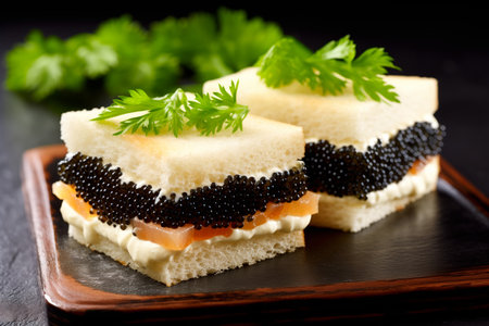 Closeup of natural black caviar served on crackers or tartalet on black background, texture of expensive luxury fresh sturgeon caviar macro photo. Delicatessenの素材