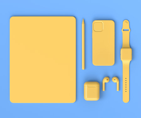 Top view of computer tablet with stylus, smart watch, phone and headphones isolated on black background. 3D rendering concept of creative designer equipment and compact workspaceの写真素材