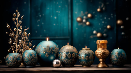 Christmas lights, candles on fireplace, decorative wreath in front of Christmas trees on bokeh and warm brown background .の素材