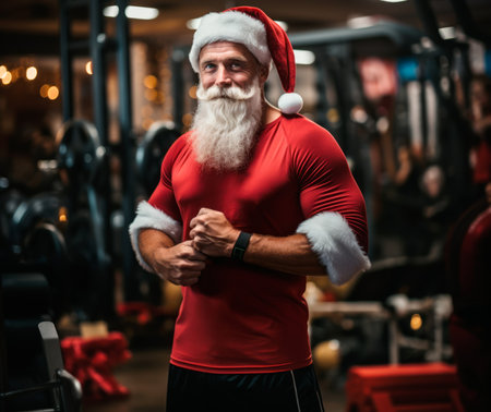 Man as fitness model in Santa Clause outfit standing in the gym on bokeh dark background. Christmas spirit, holiday moodの素材