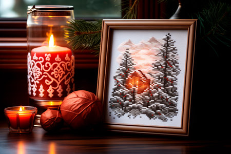 A framed embroidered christmas card with ornaments and candles against a wooden table. Winter background with pine twigs, candle and Christmas decorationsの素材