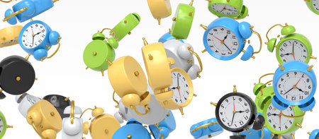 Many of flying alarm clock on white background. 3d render concept of wake up time morning and hurry...