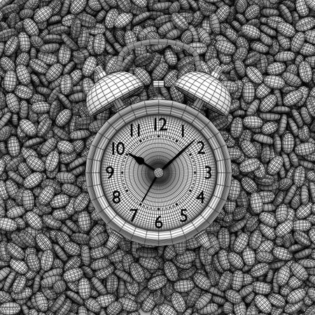 Vintage alarm clock with roasted coffee beans spread out on white background. 3d render concept of layers of visible and invisible lines are separated, wireframe styleの写真素材