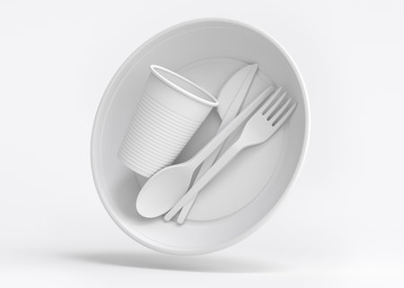 Set of disposable utensils like plate, folk, spoon,knife and cup on monochrome background. 3d render concept of save the earth and zero wasteの写真素材