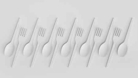 Set of disposable utensils like spoon, fork and knife on monochrome background. 3d render concept of save the earth and zero wasteの写真素材