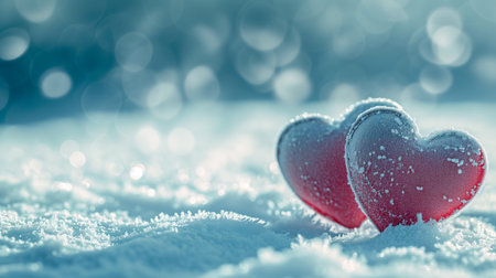 Poster or banner of two hearts sitting on the snow covered ground under sunlight, bokeh panorama. Vibe of st. Valentine day and romantic in the style of emotional sensitivityの素材