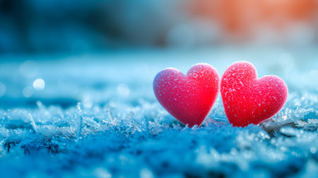 Poster or banner of two hearts sitting on the snow covered ground under sunlight, bokeh panorama. Vibe of st. Valentine day and romantic in the style of emotional sensitivityの素材