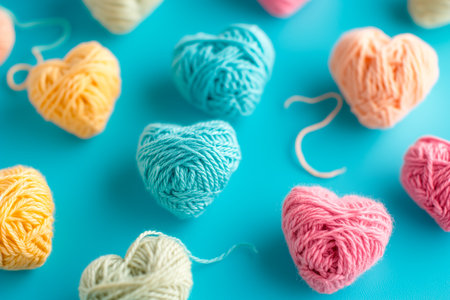 Poster or banner of colorful yarn hearts on surface on a blue background, Vibe of st. Valentine day and romantic in the style of handcrafted designsの素材